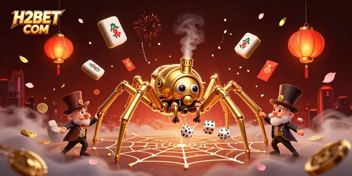 Experience gambling magic with H2BET COM featuring a steampunk spider and animated golden chains.