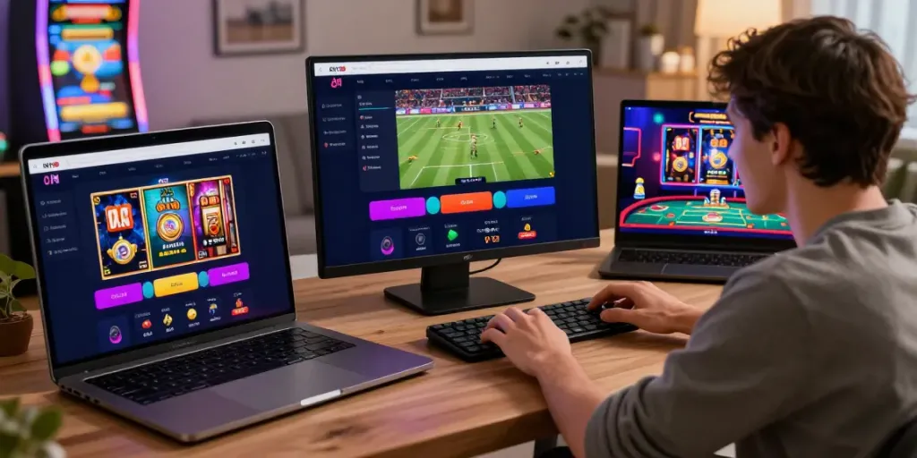 Excited user exploring SKY88 online betting platform on smartphone and laptop.