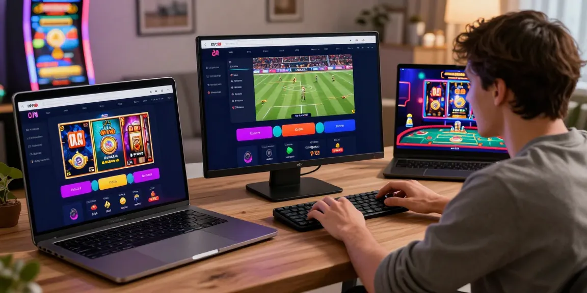 Excited user exploring SKY88 online betting platform on smartphone and laptop.