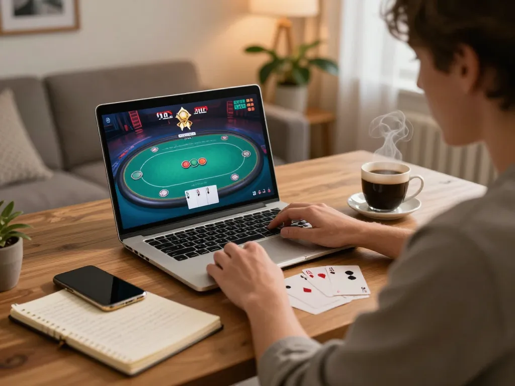 Player engaged with online poker at home using Jun88 platform, showcasing strategic notes and a cozy environment.