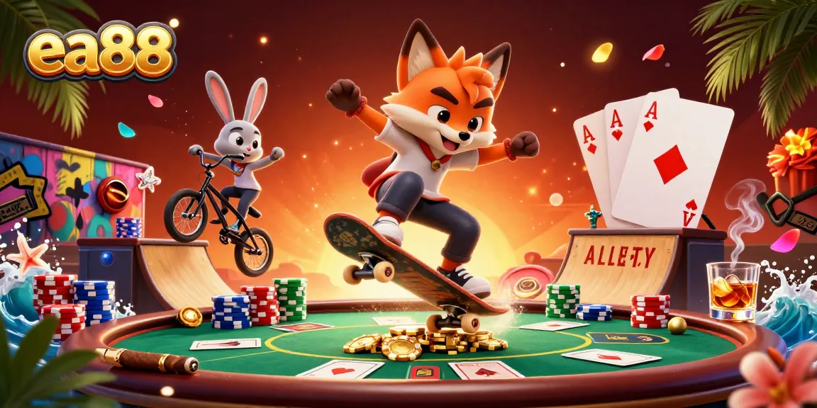 Experience thrilling action with a skateboarding fox showcasing ea88 casino vibes amidst vibrant gaming elements.