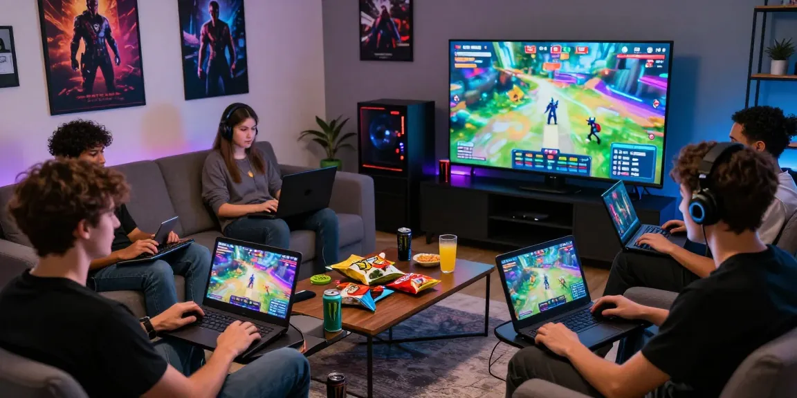 Online gaming scene from https://rokok88.bet showcasing adult gamers engaged in gameplay with laptops and tablets in a vibrant setting.