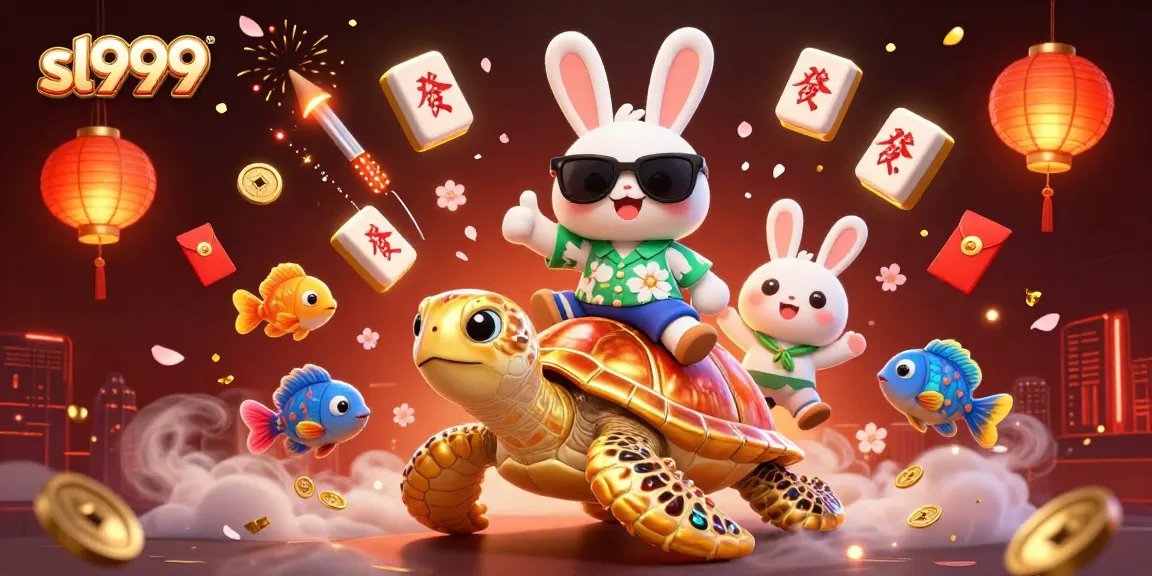 Sl999 e um coelho sortudo em um mundo de jogos, rodeado de elementos de cassino vibrantes.