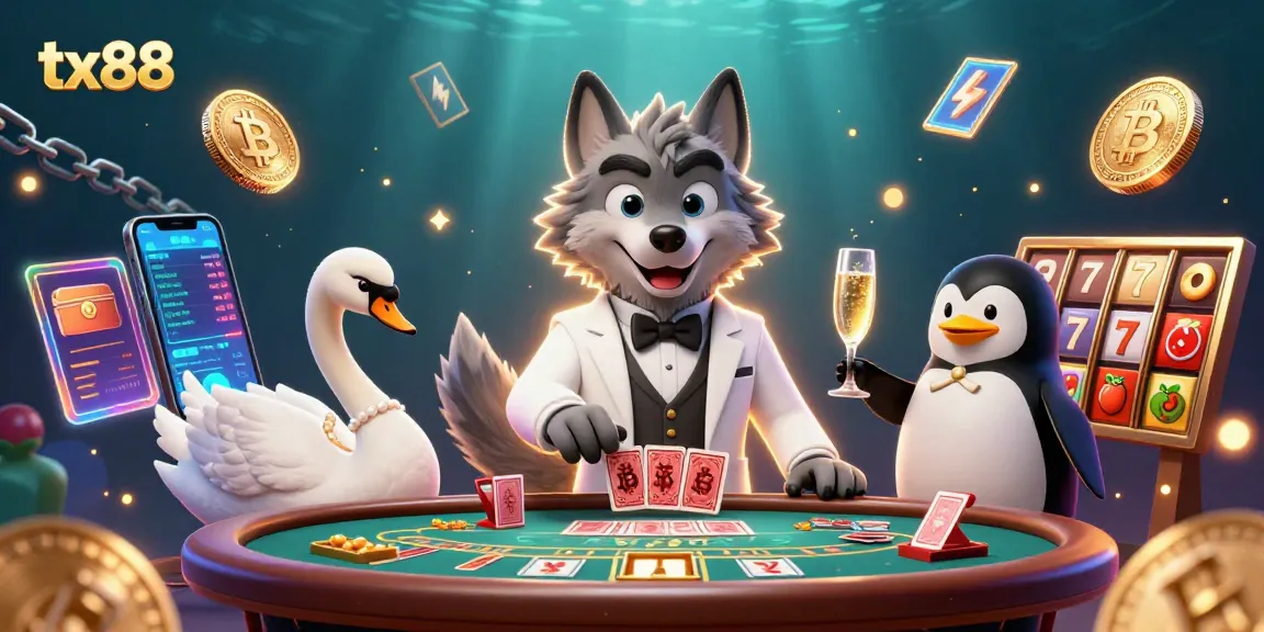 Engage with the dynamic tx88 casino scene showcasing crypto coins and classic gaming elements.