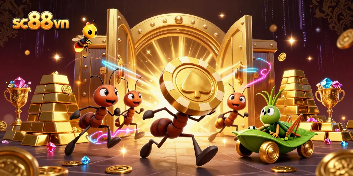 Engage with sc88 vn’s thrilling heist scene showing animated ants carrying a giant poker chip, surrounded by treasures.