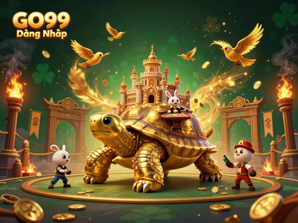 Join the excitement with GO99 Đăng Nhập as cartoon tortoise and rabbit dealer showcase a vibrant casino world.