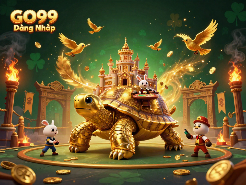 Join the excitement with GO99 Đăng Nhập as cartoon tortoise and rabbit dealer showcase a vibrant casino world.