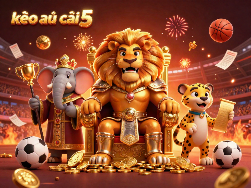 Engage with kèo nhà cái 5's sports betting excitement featuring a lion king, elephant advisor, and cheetah messenger.