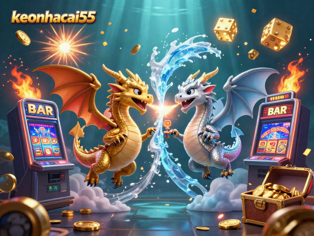 Engage with keonhacai55 as twin dragons breathe fire and ice amid explosive casino elements.