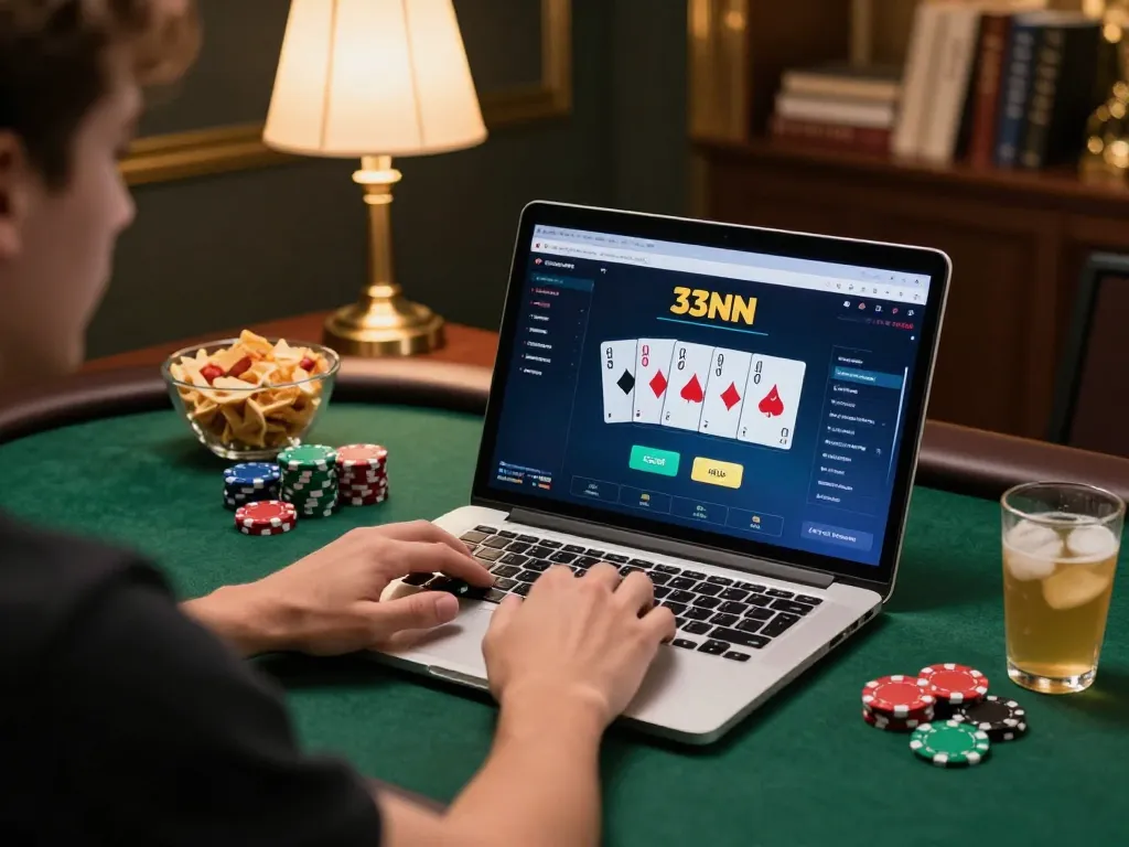 Engaging with 33NN platform during an online poker game with vibrant chips and cozy setup