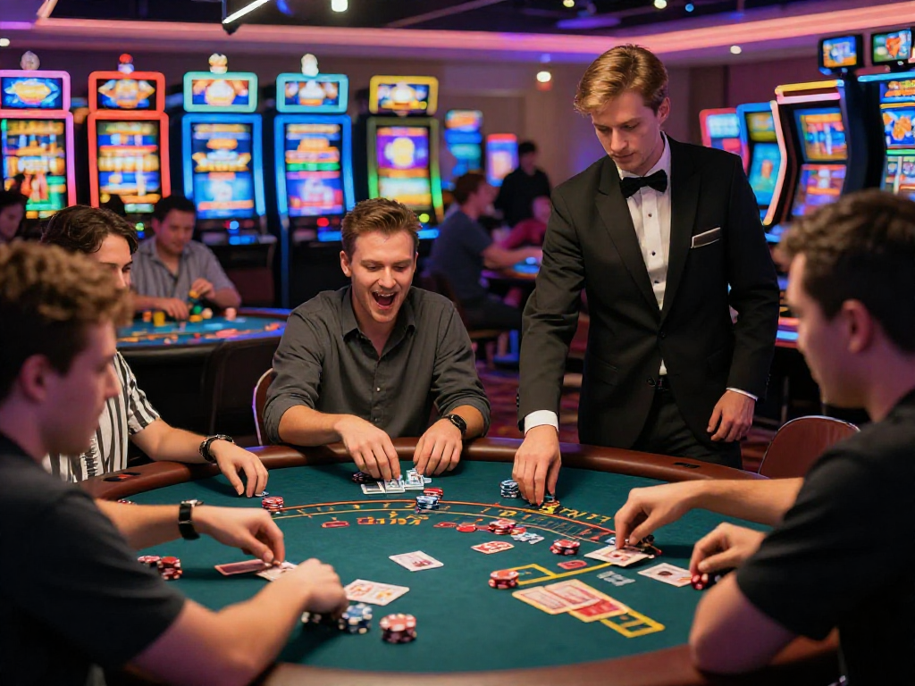 Exciting gaming atmosphere at https://vin88-casino.games/ with players engaged at poker and blackjack tables.