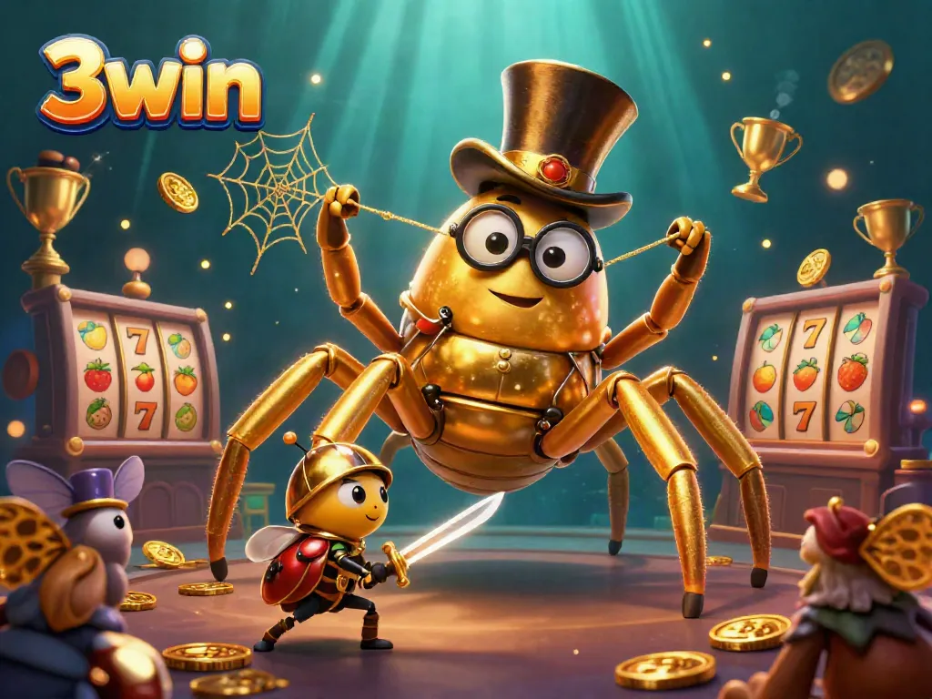 Experience the thrilling world of 3win with a golden tarantula, beetle knight, and vibrant casino elements!