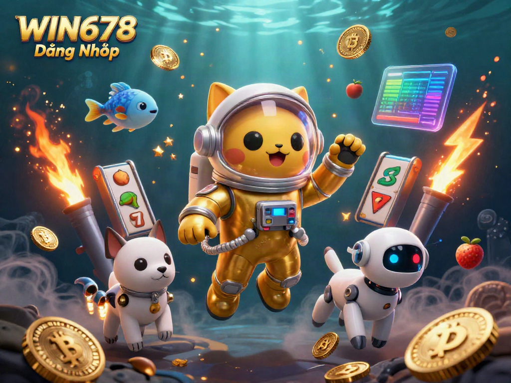 Win678 Đăng Nhập with a cat astronaut and robot dog amidst colorful slot game elements.