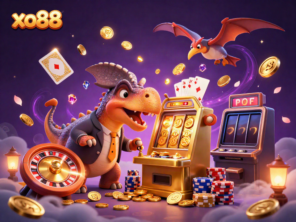 Experience excitement with xo88 as the pachycephalosaurus hits the jackpot, surrounded by gold coins and thrilling casino elements.