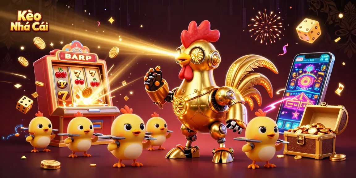 Experience Kèo Nhà Cái with golden robot and casino elements in a vibrant gaming scene