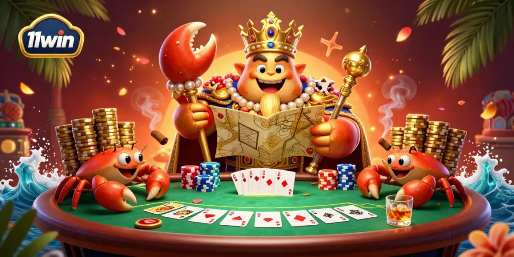 Experience the excitement of 11win with a vibrant illustration featuring a golden crab emperor and poker elements.