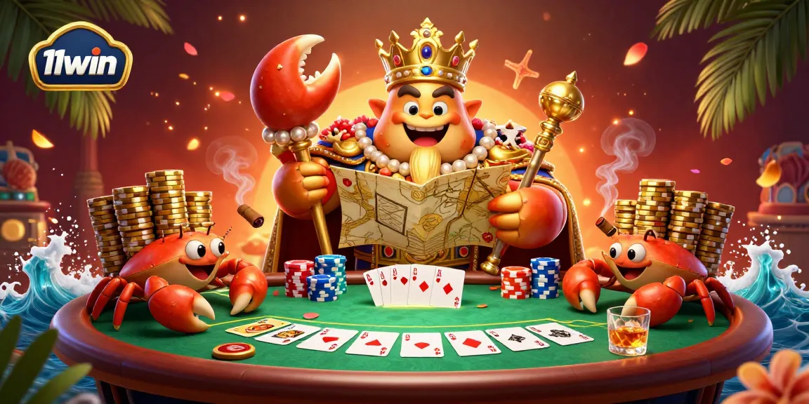 Experience the excitement of 11win with a vibrant illustration featuring a golden crab emperor and poker elements.