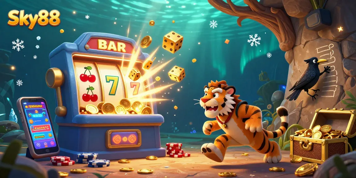 Experience excitement at Sky88 with a dynamic prehistoric casino scene filled with cheerful characters and vibrant slot machines.