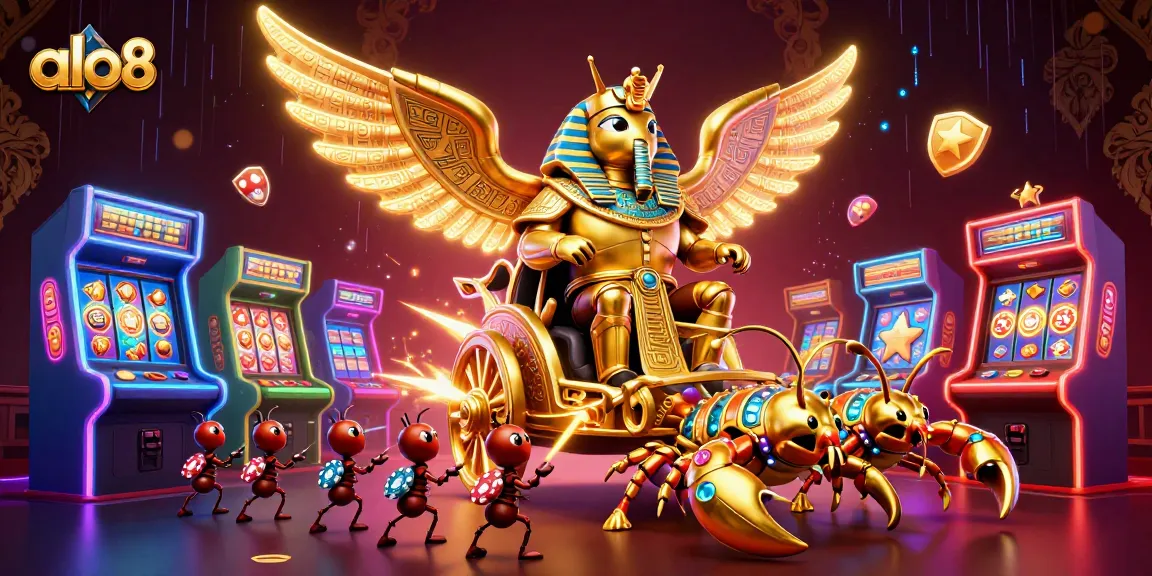 Experience the excitement of ALO8 with a lavish scene featuring a pharaoh-themed beetle, scorpions, and vibrant casino elements.