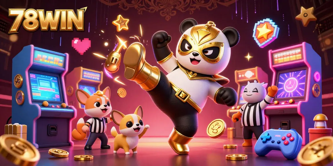 Enter the thrilling world of 78WIN where a wrestler panda and referee chihuahua celebrate with a crowd amid vibrant casino gaming elements.