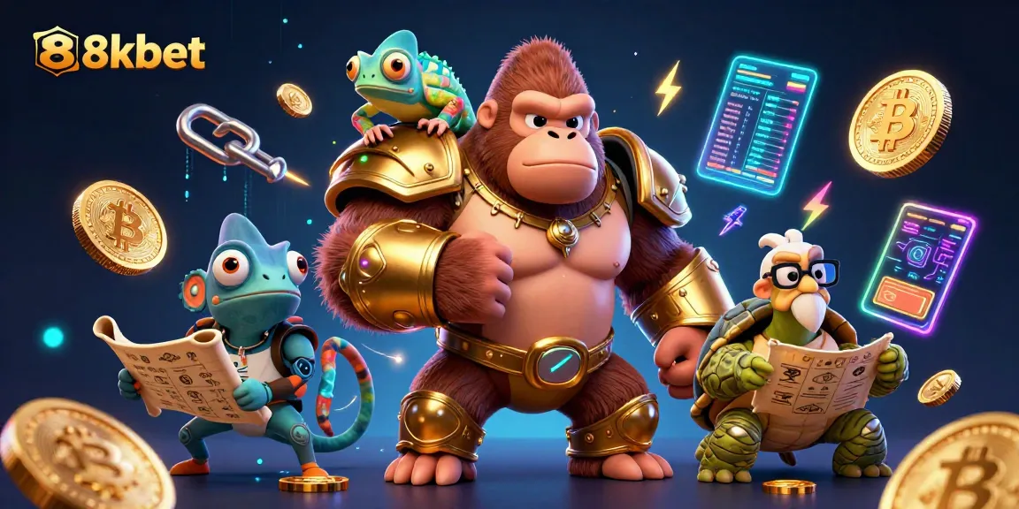 Bet on 8xbet with the gorilla king, chameleon, and tortoise in a vibrant casino scene.