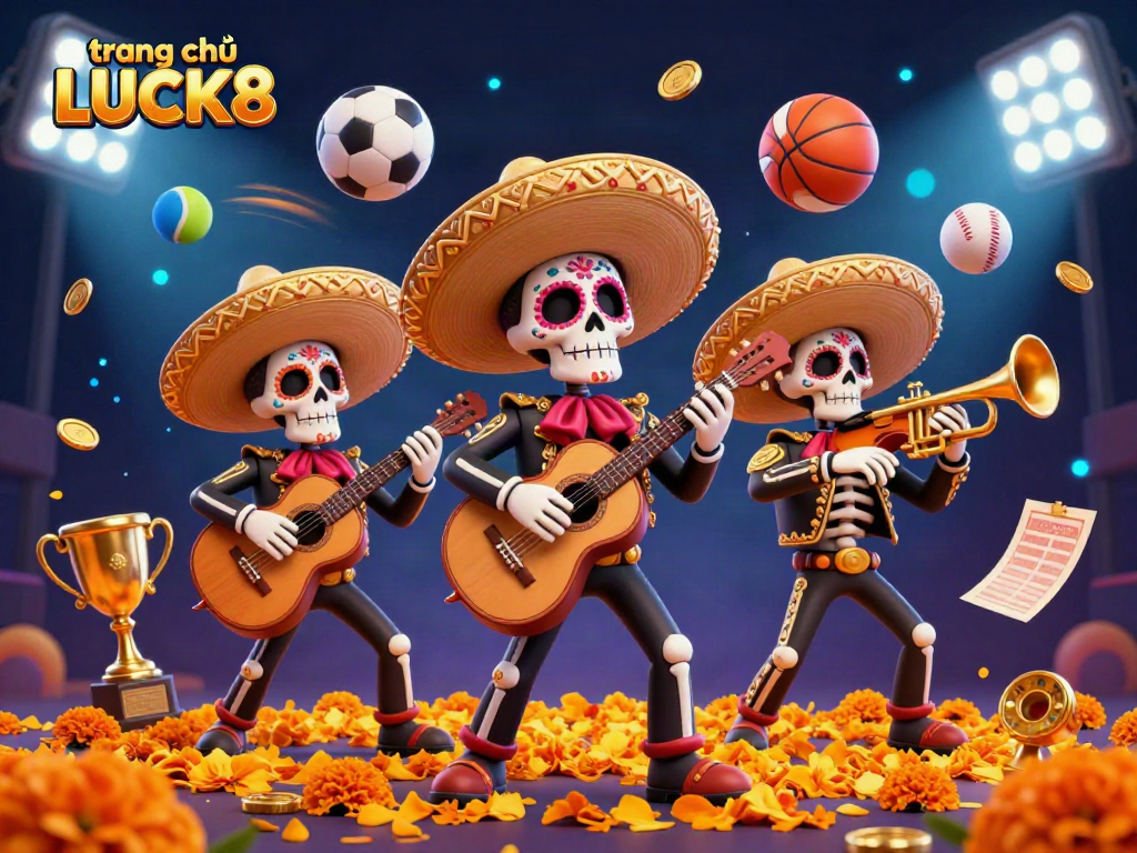 Experience the excitement of gaming with vibrant 3D visuals at trang chủ LUCK8, featuring mariachi characters and dynamic sports elements.