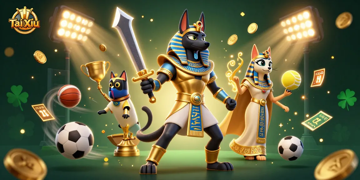 Experience thrilling Tài Xỉu with a dynamic 3D illustration of Anubis and Bastet amid gambling excitement.