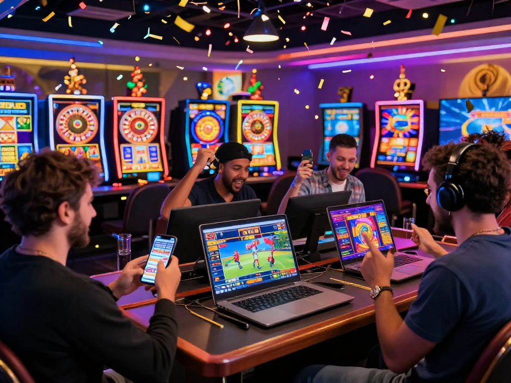 Jogadores em festa na SPBET, celebrando vitórias com jogos online e animações vibrantes.