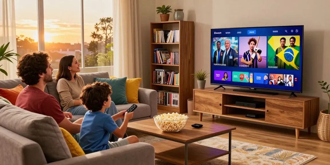 Família assistindo IPTV no sofá, destacando o bestbraziliptv em um ambiente acolhedor.