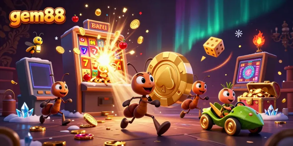 Experience gem88's thrilling gaming adventure with ants carrying a giant poker chip amid a jackpot explosion.