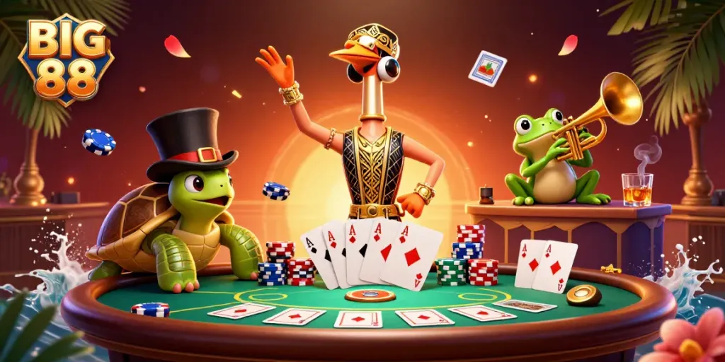 Engage in the vibrant world of BIG 88 at a lively speakeasy bar, filled with poker excitement.