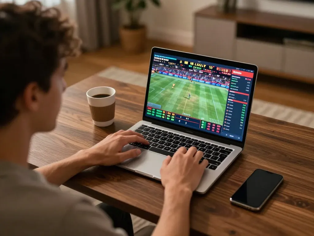 Player engaging in sports betting on Jogoluck from a cozy home setup, with laptop and smartphone.