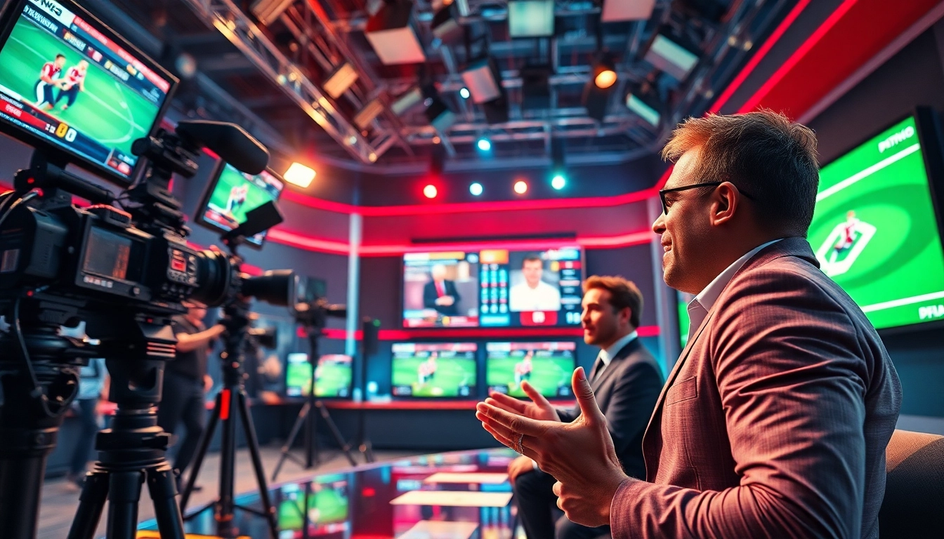 Sports Broadcasting professionals create engaging live content in a vibrant studio setting.