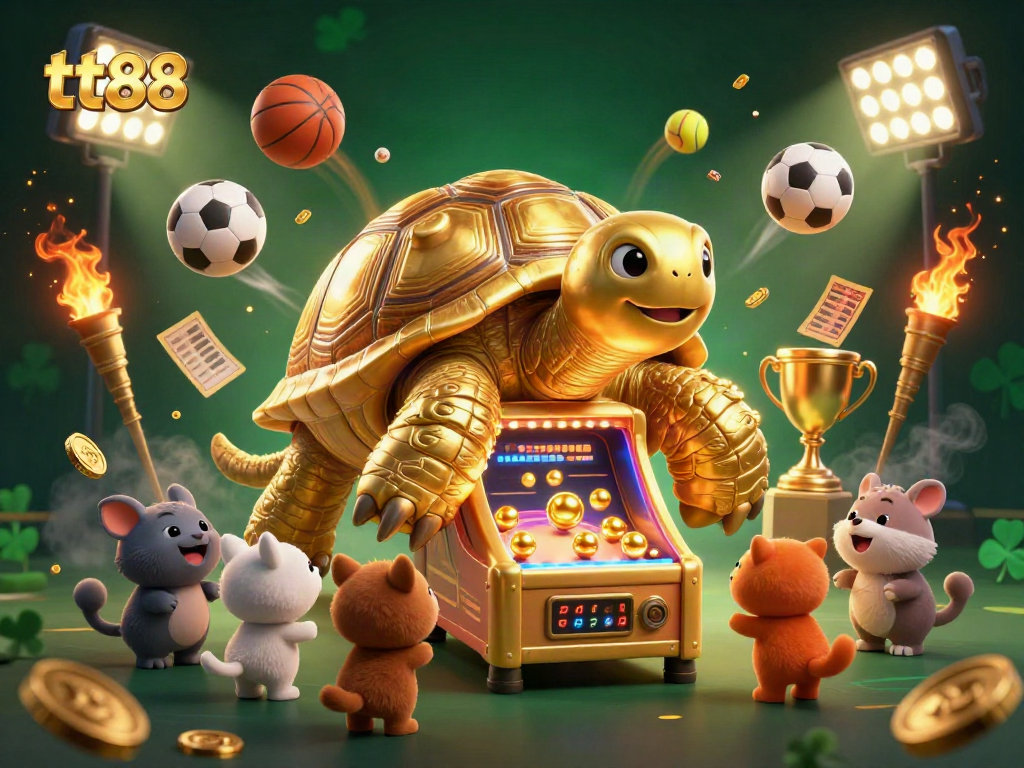 Engage with tt88's dynamic casino scene featuring a colossal tortoise and lively sports elements.