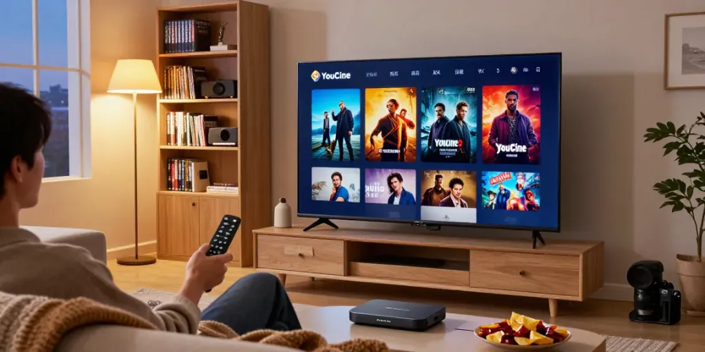 Ambiente aconchegante com TV e YouCine, ideal para assistir a filmes na sala.