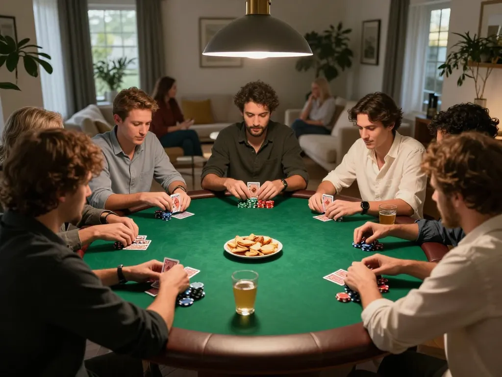 Players enjoy a lively home poker game using MK8 strategies while enjoying snacks and drinks.