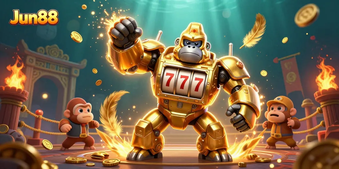 Engage in high-stakes fun with Jun88's dynamic casino illustration featuring a golden gorilla mech.