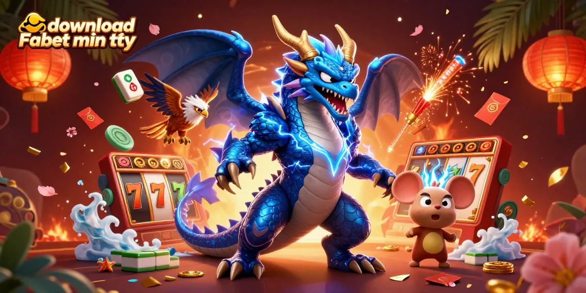 Win big with download Fabet miễn phí, featuring a dynamic 3D casino scene with vibrant characters.