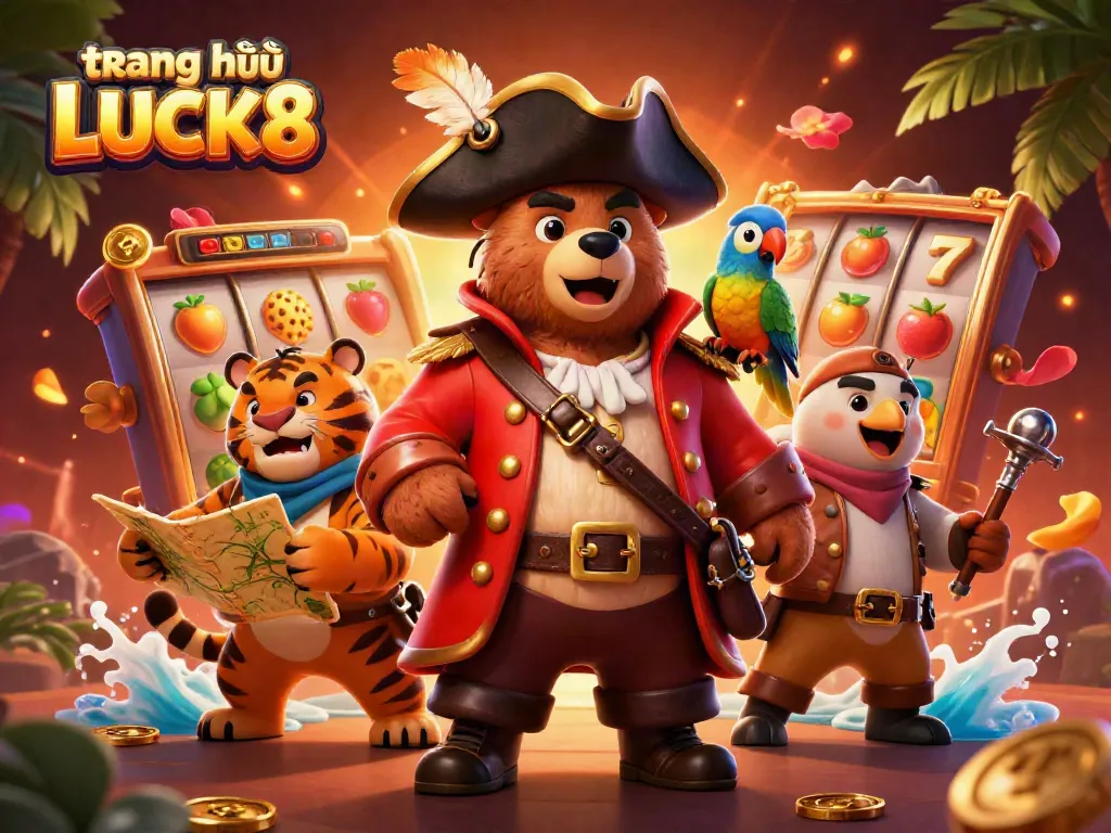 Experience excitement at trang chủ LUCK8 with a colorful gambling scene depicting slot reels and engaging characters.