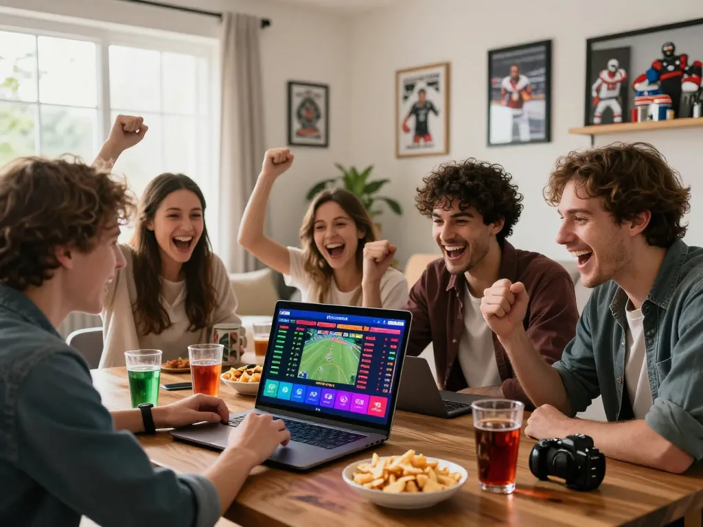Engaged group enjoying live betting on https://ok365.br.com/ in a lively home setting with odds displayed.