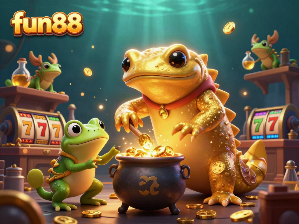 Win big at fun88 with a vibrant 3D casino scene featuring an alchemist transforming metals into gold.