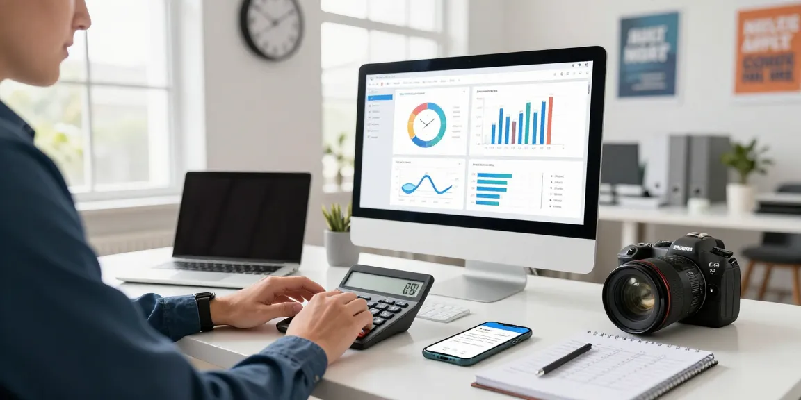 Calculadora de horas trabalhadas utilizada em escritório moderno, com ambiente produtivo e ferramentas digitais.