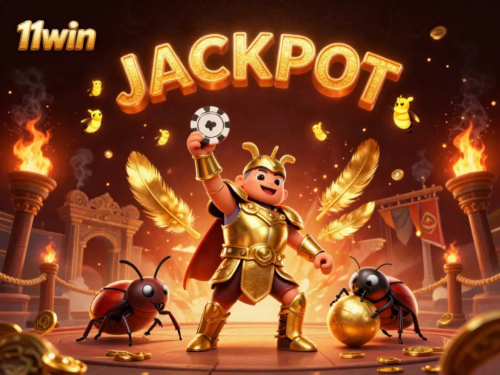 Engage in thrilling gameplay at 11win with a winning beetle champion lifting the jackpot poker chip.
