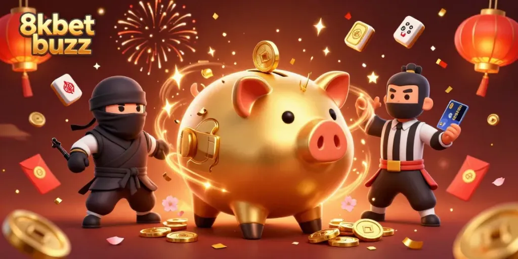 Engage with 8kbet buzz and ace your jackpot adventure alongside a sumo wrestler in a vibrant casino landscape.