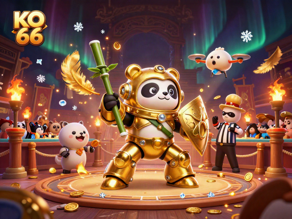 Engage with KO 66 in a dynamic casino showdown featuring a mech-suit panda battling in a vibrant arena.