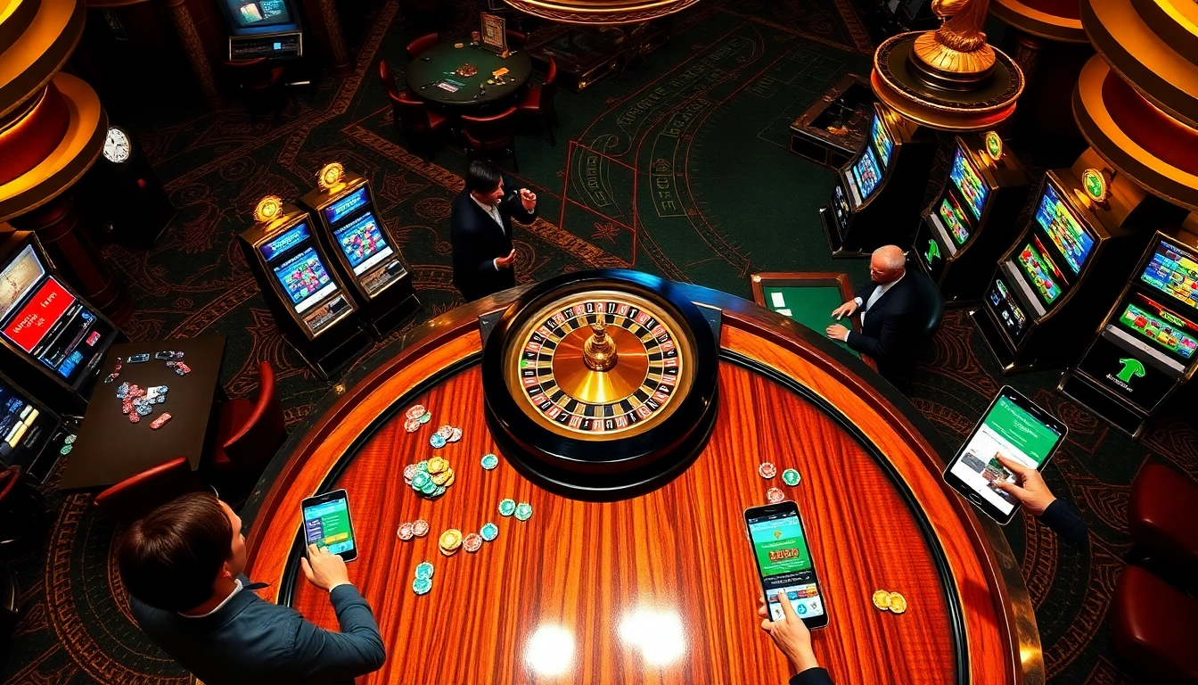 Experience the excitement of v9 bet with a vibrant casino scene including roulette and slot machines.