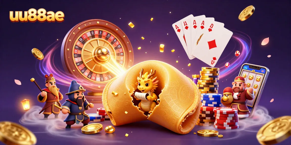 Bet on exciting games at uu88ae with a vibrant casino illustration showcasing dragon guardians and fortune cookies.