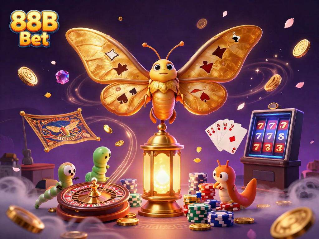 Experience thrilling action with 88B Bet in an ultra-detailed casino scene featuring golden coins, cards, and vibrant colors.