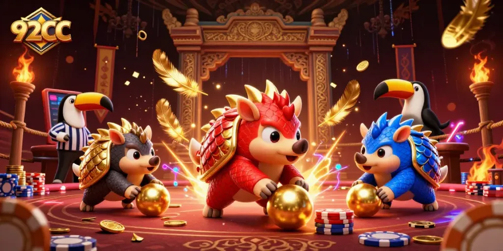 Engage with thrilling casino action featuring 92CC pangolins bowling through poker chips.