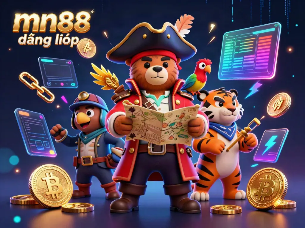 Experience mn88 đăng nhập with a lively scene featuring a pirate bear, tiger, and treasure elements.